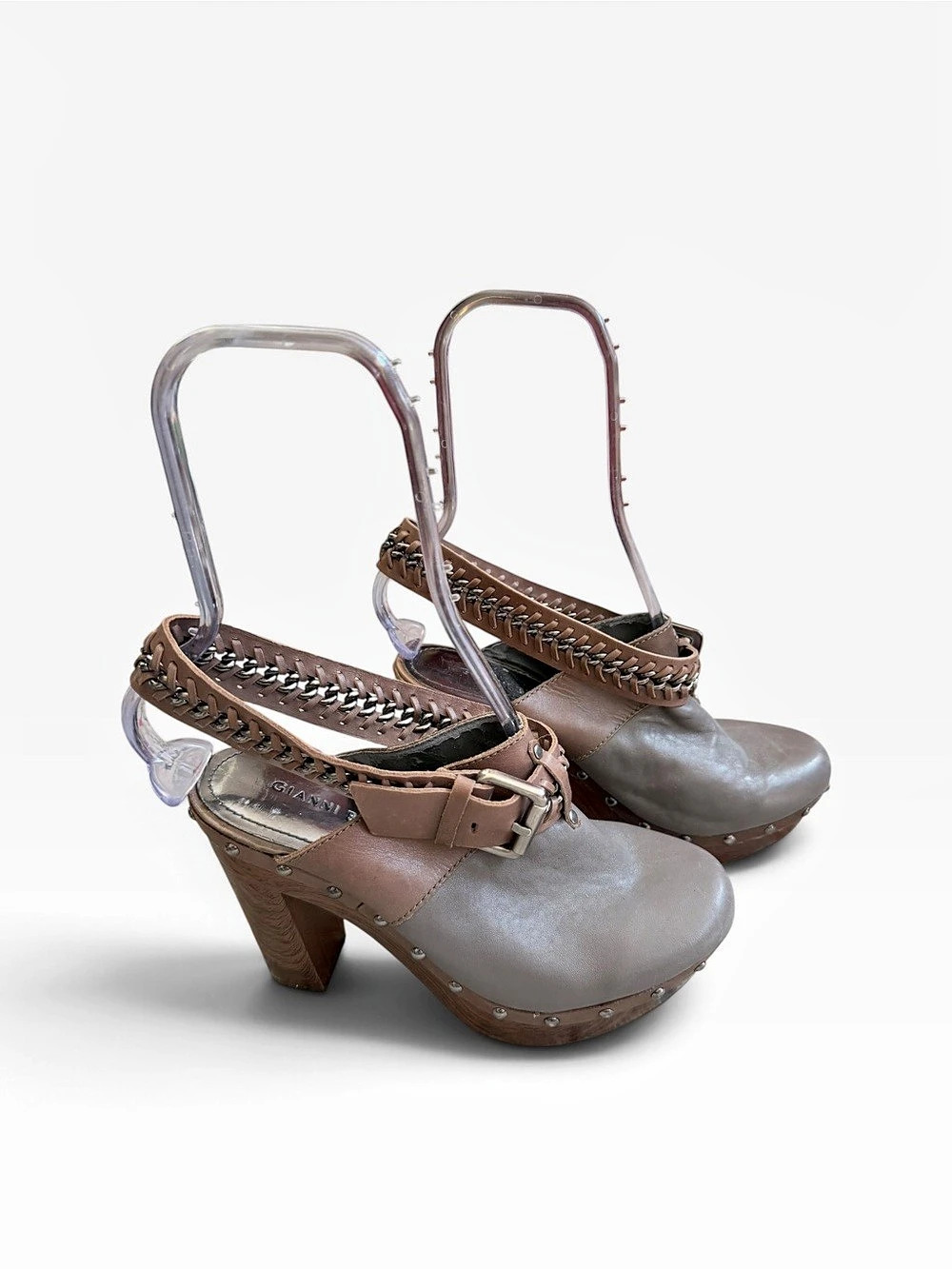 Gianni Bini Platform Leather Clogs Gray & Brown With Strap Detail US 8 Y2K Boho